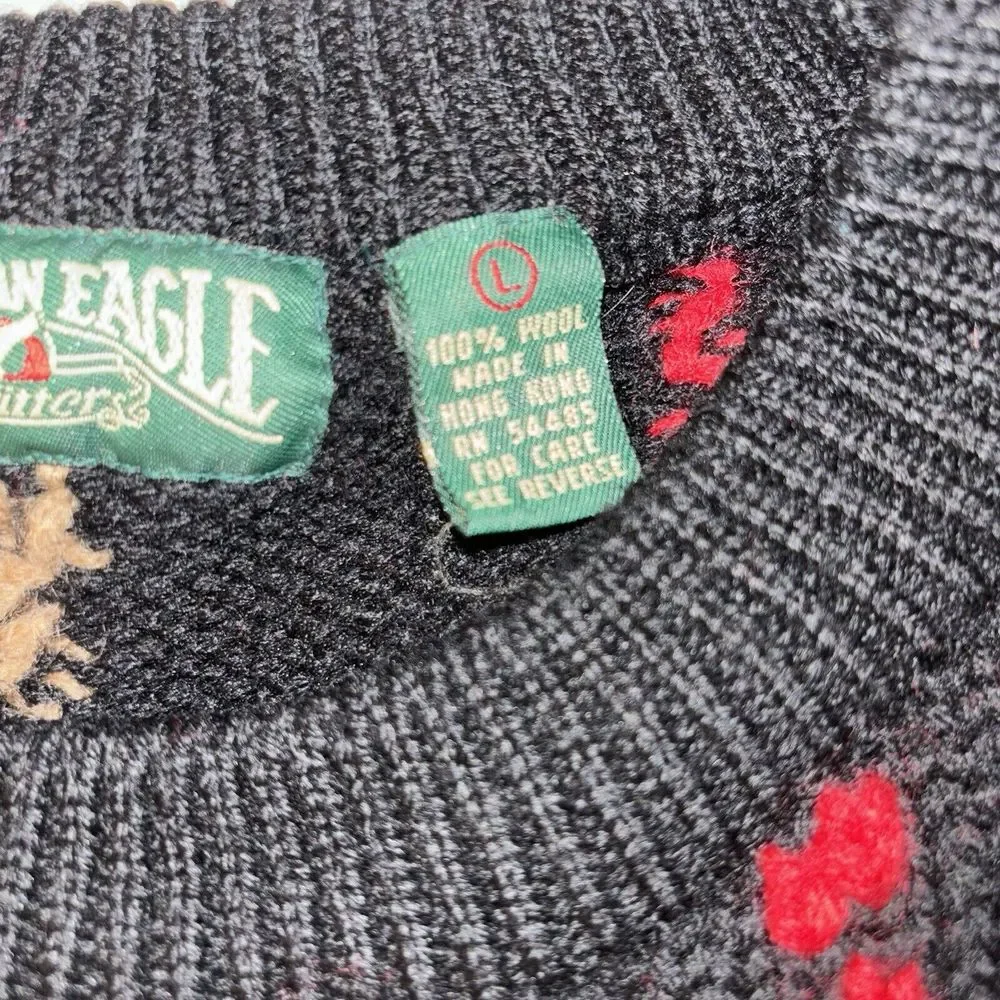 VTG 80s American Eagle Xmas Sweater Mens Large Red Green Black Plaid Chunky Wool